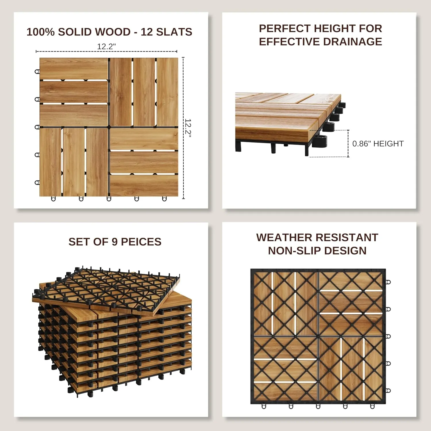 9 PCS Interlocking Deck Tiles 12" x 12"- Acacia Wood Tiles for Indoor & Outdoor Use, Drainage, Non Slip, Easy Installation - Patio Flooring for Balcony, Backyard, and Garden (Golden Steak)