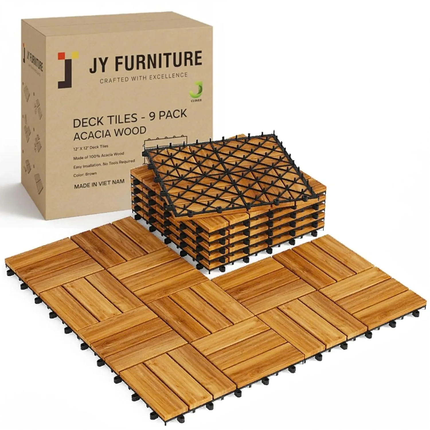 9 PCS Interlocking Deck Tiles 12" x 12"- Acacia Wood Tiles for Indoor & Outdoor Use, Drainage, Non Slip, Easy Installation - Patio Flooring for Balcony, Backyard, and Garden (Golden Steak)