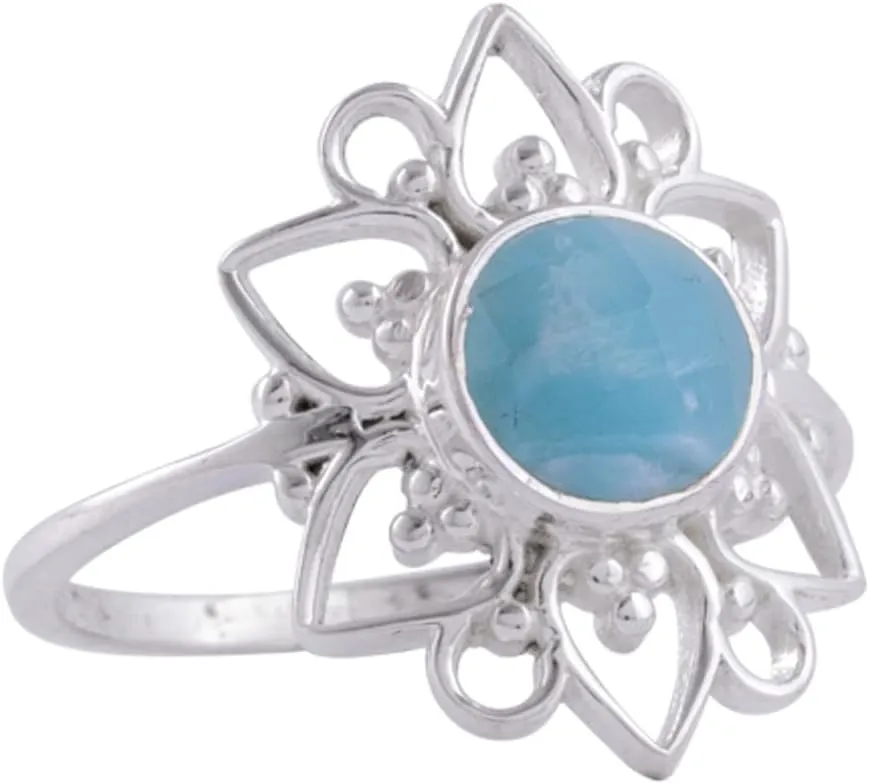 925 Sterling Silver Larimar Flower Ring for Women and Girls, Handmade Gemstone Jewelry Promise Ring