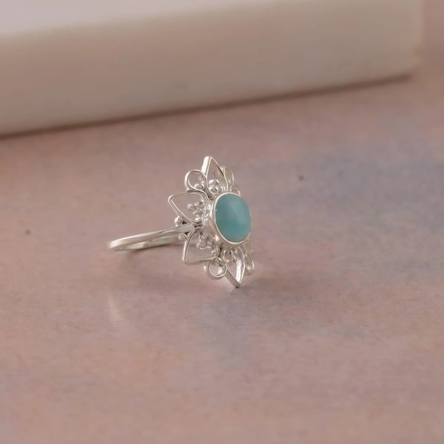925 Sterling Silver Larimar Flower Ring for Women and Girls, Handmade Gemstone Jewelry Promise Ring