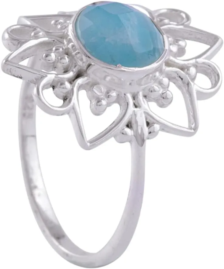 925 Sterling Silver Larimar Flower Ring for Women and Girls, Handmade Gemstone Jewelry Promise Ring