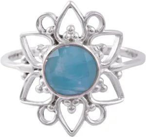 925 Sterling Silver Larimar Flower Ring for Women and Girls, Handmade Gemstone Jewelry Promise Ring