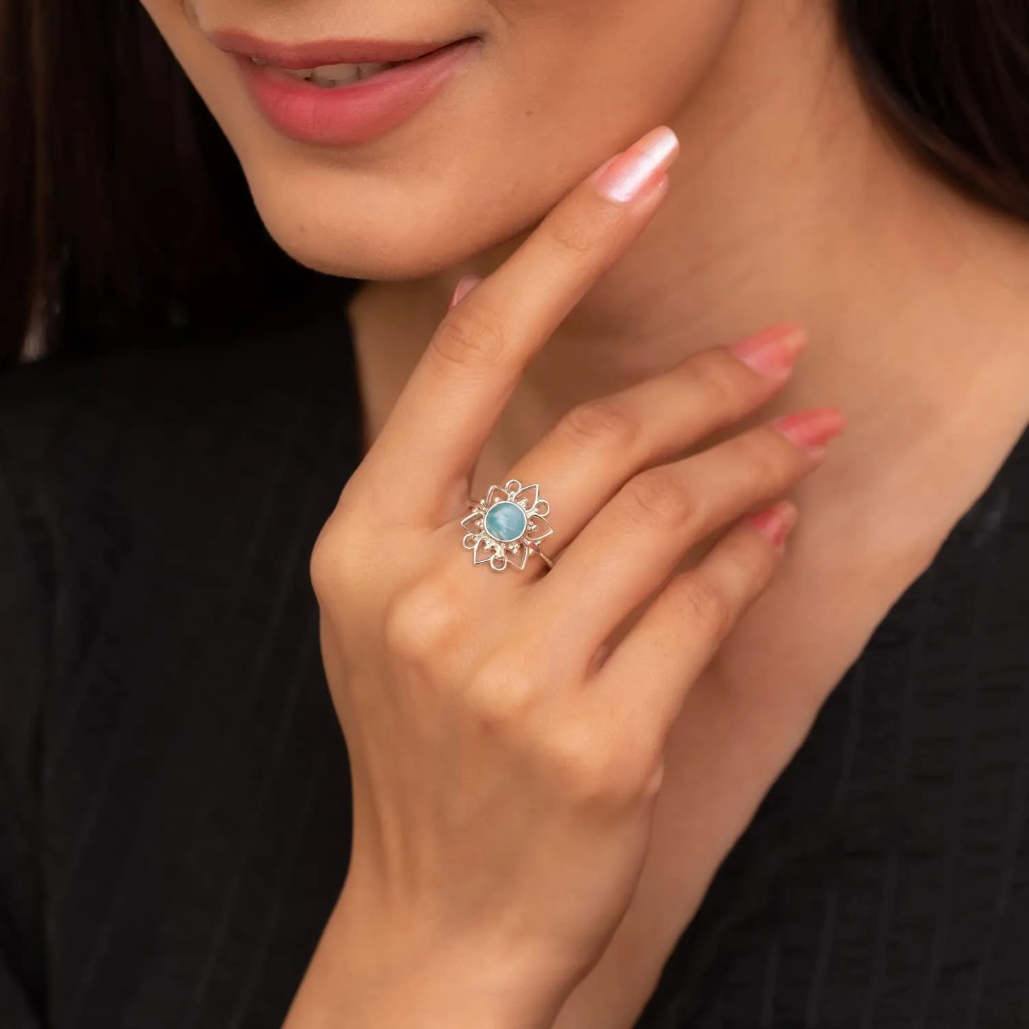 925 Sterling Silver Larimar Flower Ring for Women and Girls, Handmade Gemstone Jewelry Promise Ring