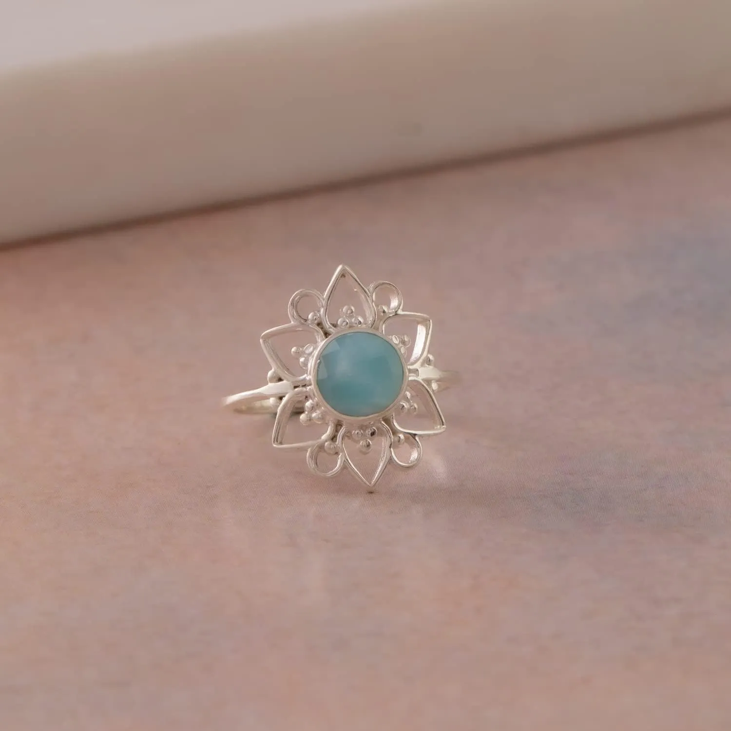 925 Sterling Silver Larimar Flower Ring for Women and Girls, Handmade Gemstone Jewelry Promise Ring