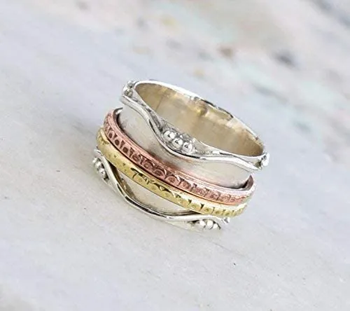 925 Sterling Silver Spinner Ring for Women, Yoga Maditation Spin ring Two Tone Handmade Ring Worry Ring, Thumb Ring, Fidget Rings, Promise Ring Size US 6 Gift For Her