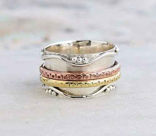 925 Sterling Silver Spinner Ring for Women, Yoga Maditation Spin ring Two Tone Handmade Ring Worry Ring, Thumb Ring, Fidget Rings, Promise Ring Size US 6 Gift For Her