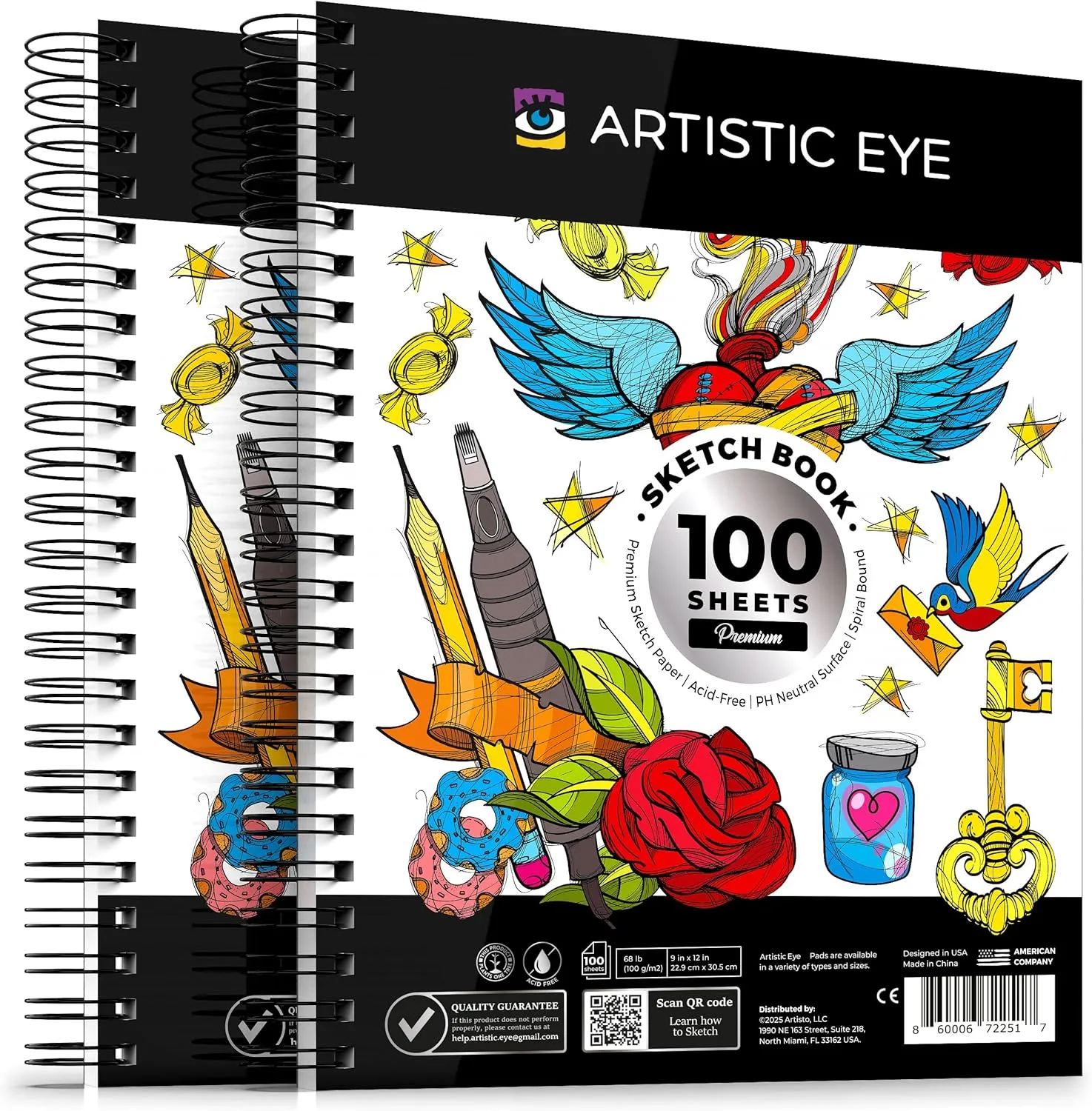 9x12 Premium Sketch Book Set, Pack of 2 (200 Sheets), Spiral Bound, 68lb (100gsm), Acid-Free Drawing Paper, Ideal for Kids, Teens & Adults