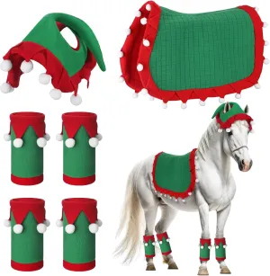 Abbylike 6 Pcs Christmas Holiday Santa Leg Wraps with Faux Fur Trim Holiday Santa Horse Hat All Purpose Santa Saddle Pad for Christmas Horse Costume Accessories