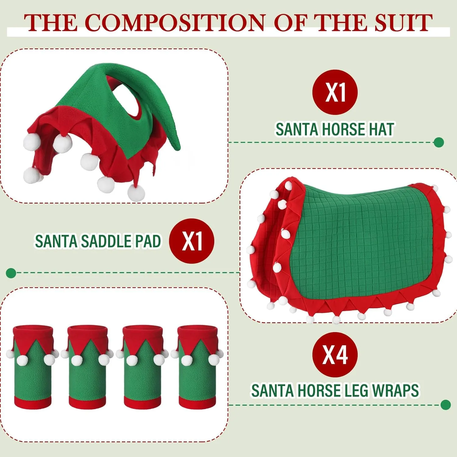 Abbylike 6 Pcs Christmas Holiday Santa Leg Wraps with Faux Fur Trim Holiday Santa Horse Hat All Purpose Santa Saddle Pad for Christmas Horse Costume Accessories