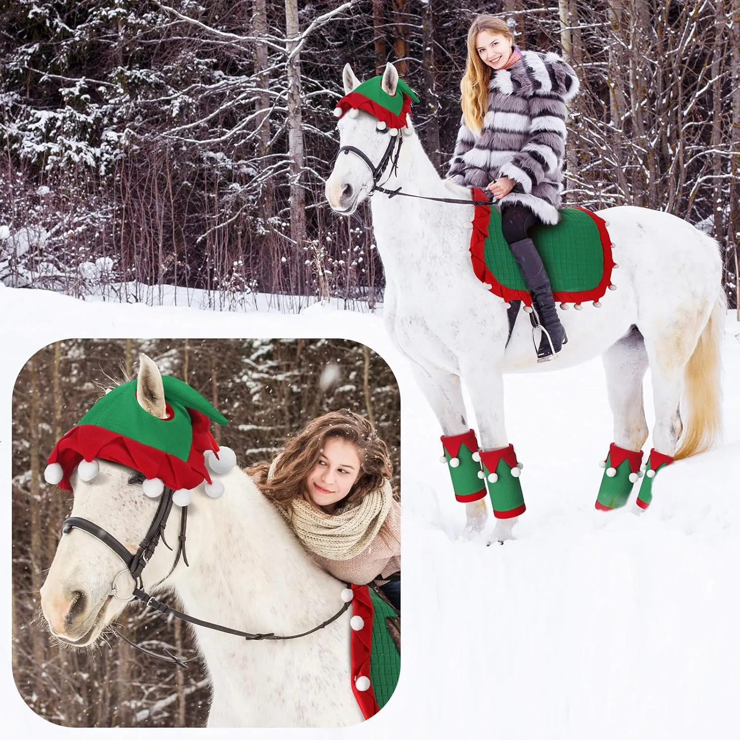 Abbylike 6 Pcs Christmas Holiday Santa Leg Wraps with Faux Fur Trim Holiday Santa Horse Hat All Purpose Santa Saddle Pad for Christmas Horse Costume Accessories