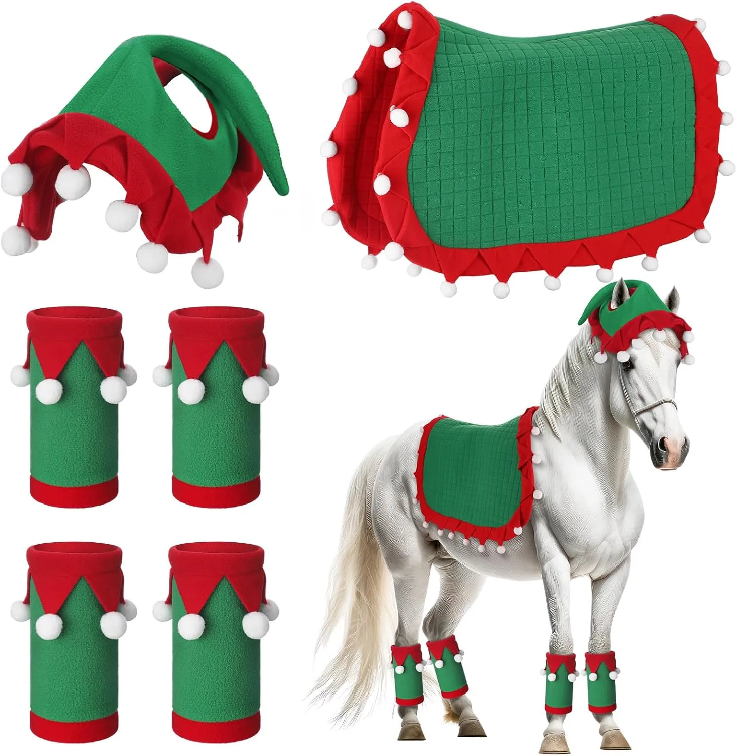 Abbylike 6 Pcs Christmas Holiday Santa Leg Wraps with Faux Fur Trim Holiday Santa Horse Hat All Purpose Santa Saddle Pad for Christmas Horse Costume Accessories