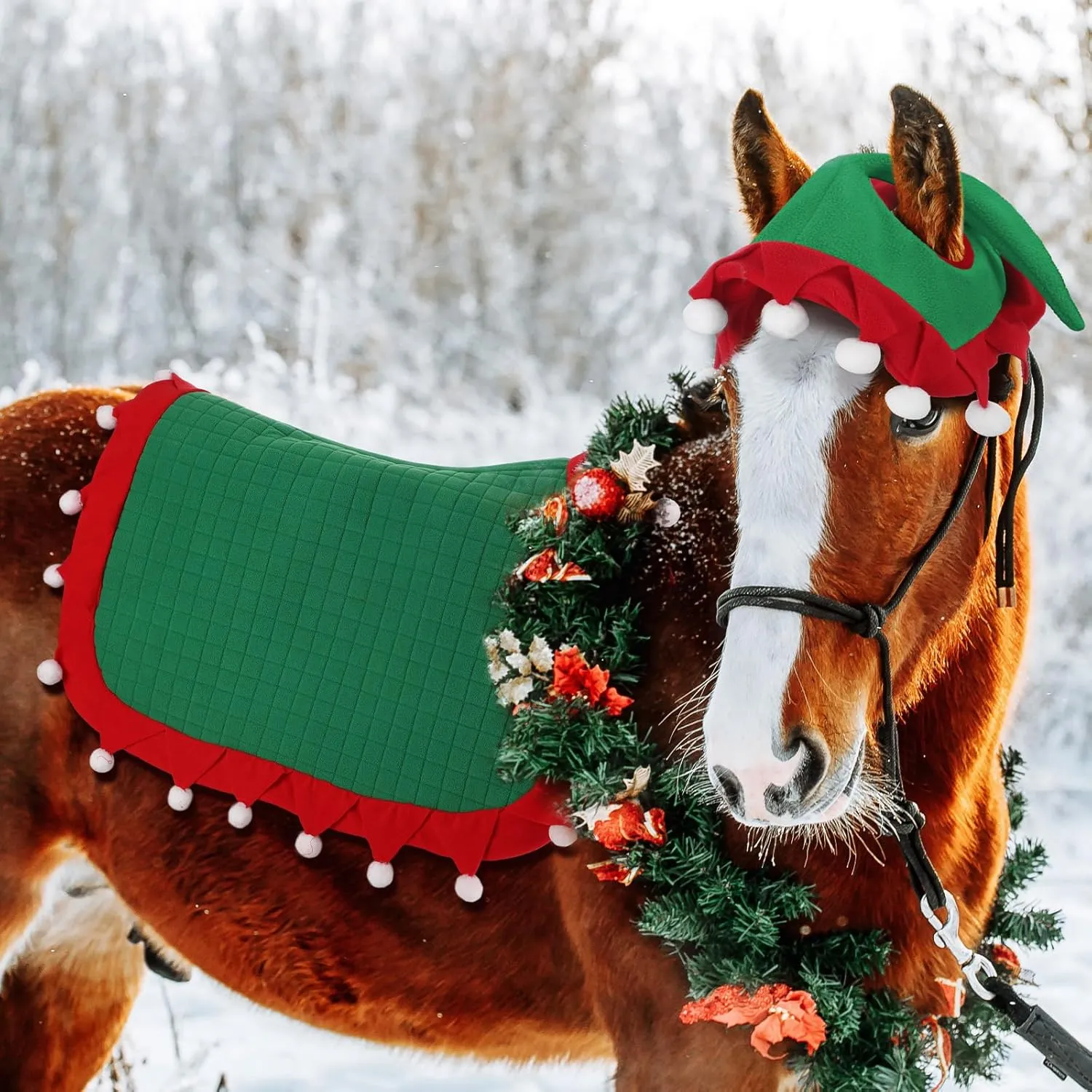Abbylike 6 Pcs Christmas Holiday Santa Leg Wraps with Faux Fur Trim Holiday Santa Horse Hat All Purpose Santa Saddle Pad for Christmas Horse Costume Accessories