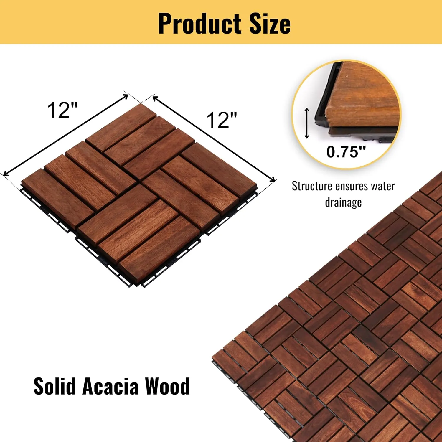 Acacia Wood Deck Tiles, 12 x 12 x 0.75 inches, Interlocking Outdoor Flooring, Water Resistant (Brown, Checker Pattern Tiles)