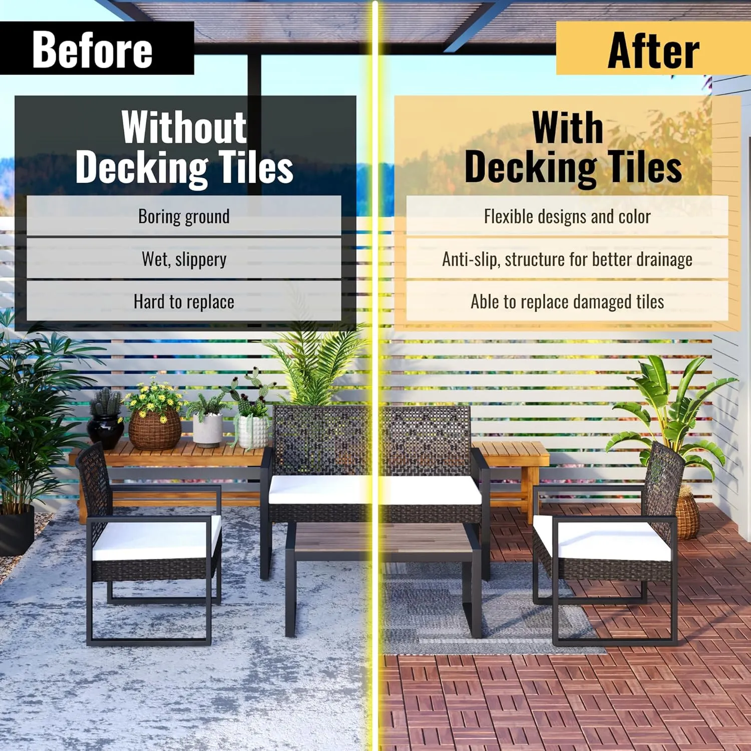 Acacia Wood Deck Tiles, 12 x 12 x 0.75 inches, Interlocking Outdoor Flooring, Water Resistant (Brown, Checker Pattern Tiles)