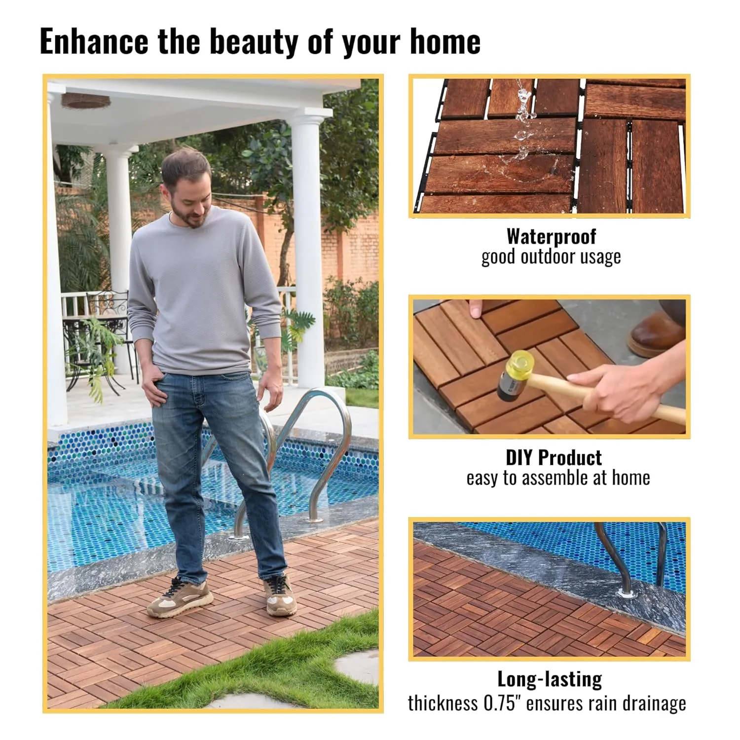 Acacia Wood Deck Tiles, 12 x 12 x 0.75 inches, Interlocking Outdoor Flooring, Water Resistant (Brown, Checker Pattern Tiles)