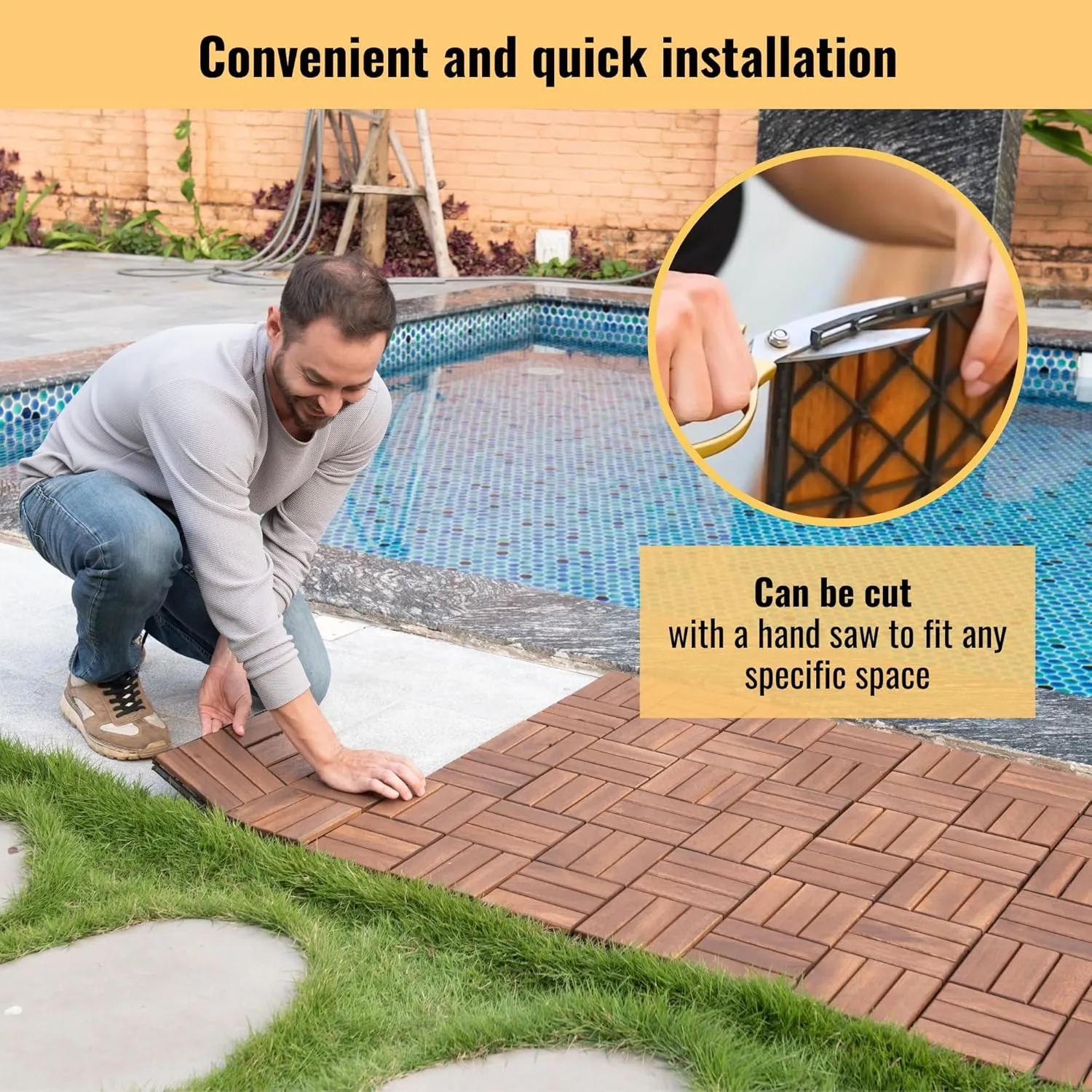 Acacia Wood Deck Tiles, 12 x 12 x 0.75 inches, Interlocking Outdoor Flooring, Water Resistant (Brown, Checker Pattern Tiles)
