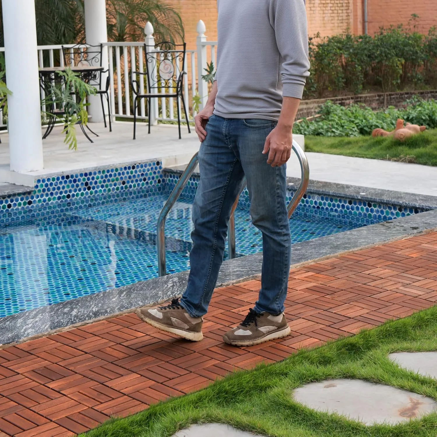 Acacia Wood Deck Tiles, 12 x 12 x 0.75 inches, Interlocking Outdoor Flooring, Water Resistant (Brown, Checker Pattern Tiles)