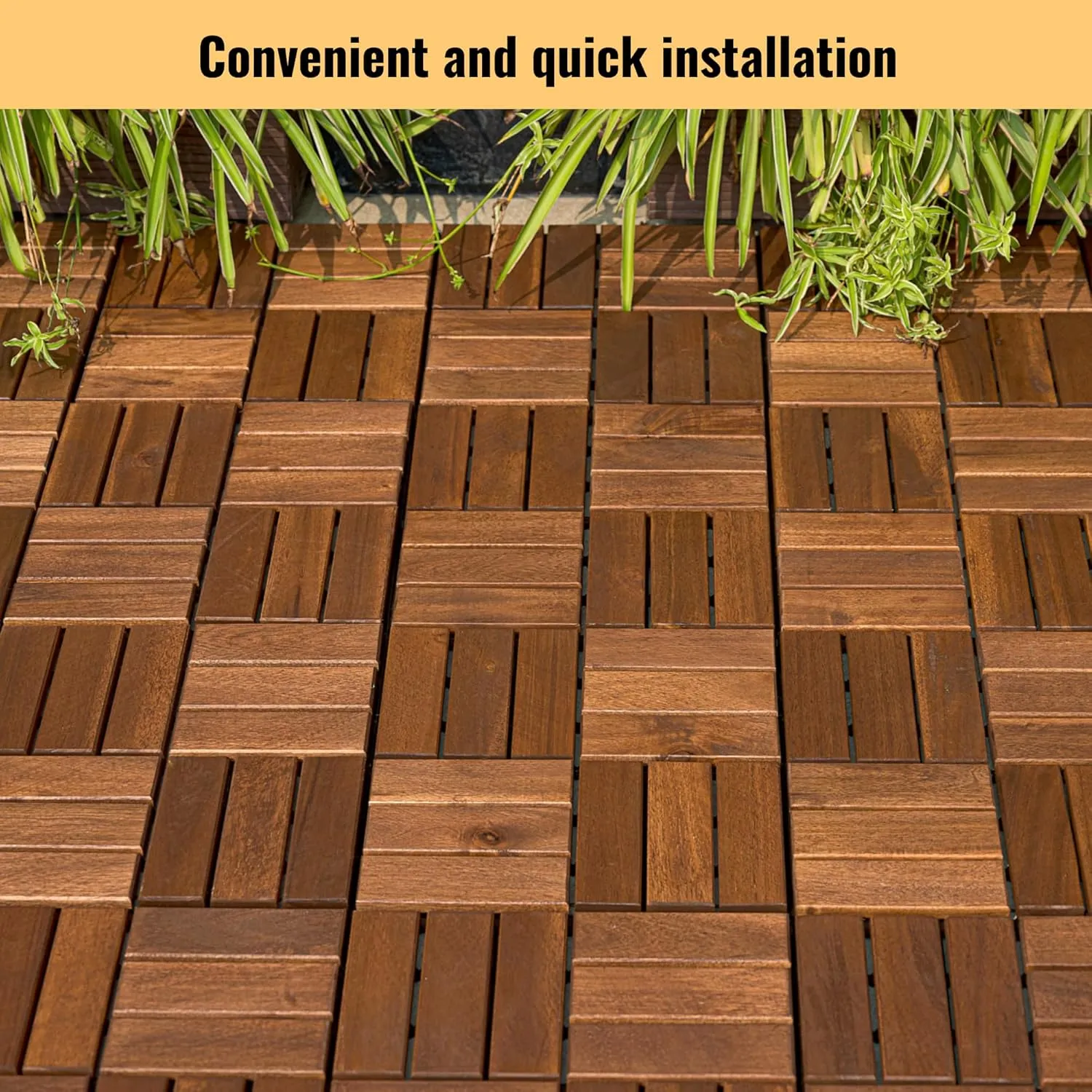 Acacia Wood Deck Tiles, 12 x 12 x 0.75 inches, Interlocking Outdoor Flooring, Water Resistant (Brown, Checker Pattern Tiles)