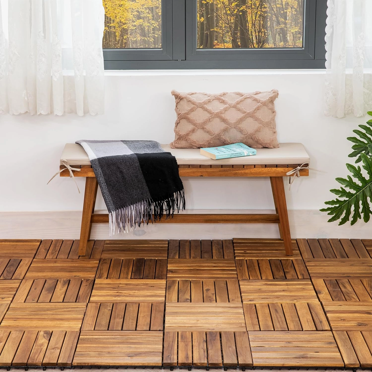 Acacia Wood Patio Deck Tiles - 9 Pcs 6 Slats Interlocking Decking Tiles for Patio Decor, Waterproof Indoor & Outdoor Use, Balcony Garden Decking Tile (12.24*12.24*0.75 inches) Natural