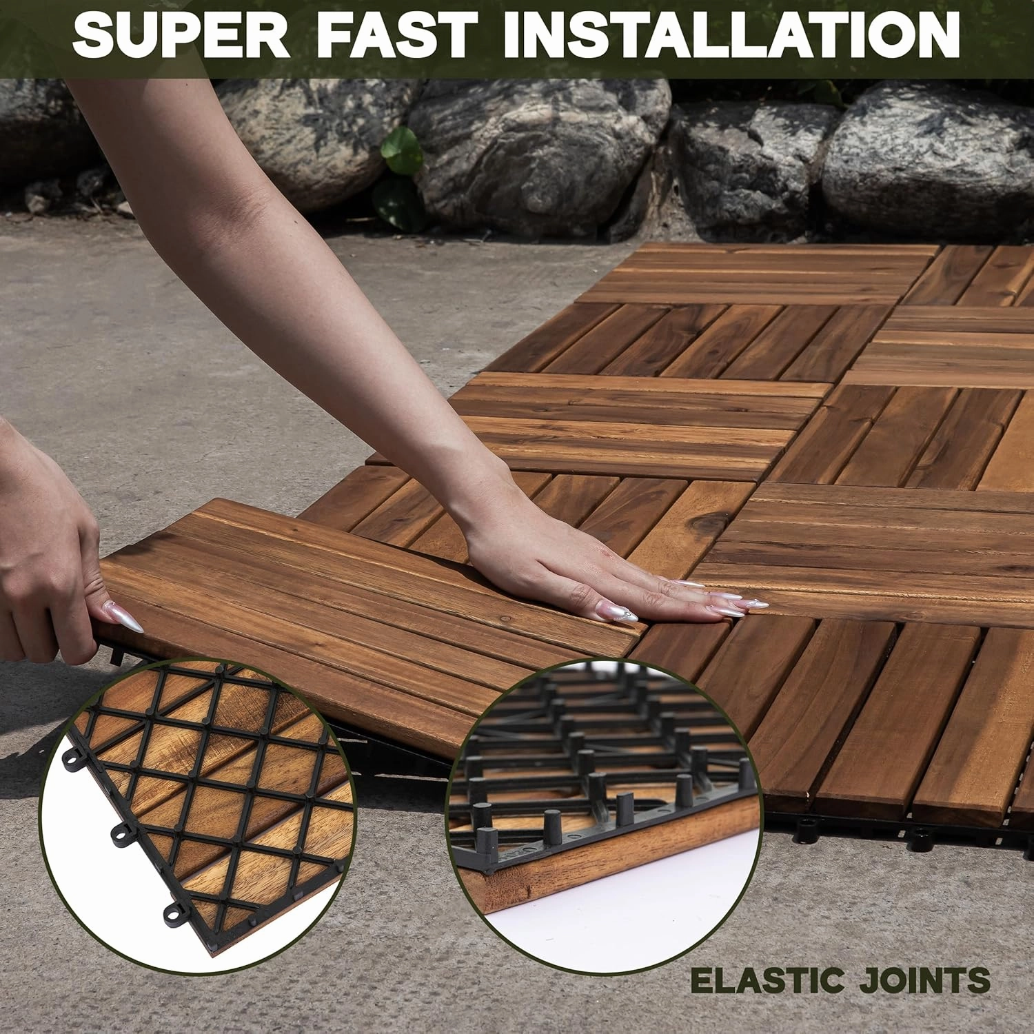 Acacia Wood Patio Deck Tiles - 9 Pcs 6 Slats Interlocking Decking Tiles for Patio Decor, Waterproof Indoor & Outdoor Use, Balcony Garden Decking Tile (12.24*12.24*0.75 inches) Natural