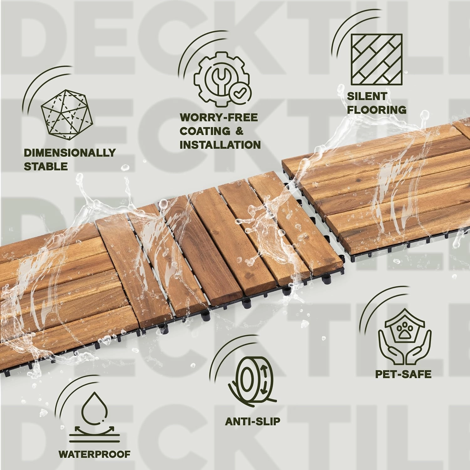 Acacia Wood Patio Deck Tiles - 9 Pcs 6 Slats Interlocking Decking Tiles for Patio Decor, Waterproof Indoor & Outdoor Use, Balcony Garden Decking Tile (12.24*12.24*0.75 inches) Natural