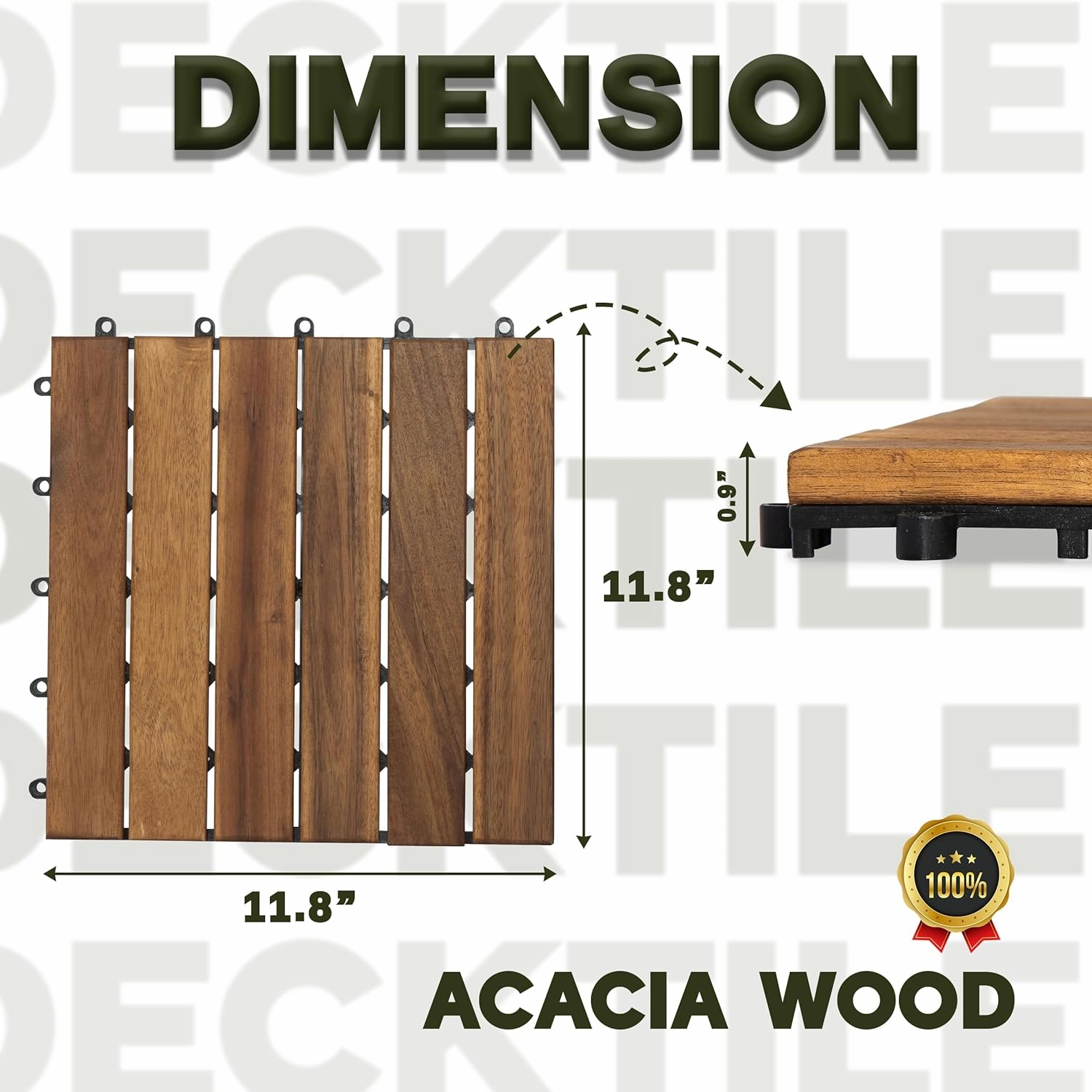 Acacia Wood Patio Deck Tiles - 9 Pcs 6 Slats Interlocking Decking Tiles for Patio Decor, Waterproof Indoor & Outdoor Use, Balcony Garden Decking Tile (12.24*12.24*0.75 inches) Natural