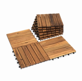Acacia Wood Patio Deck Tiles - 9 Pcs 6 Slats Interlocking Decking Tiles for Patio Decor, Waterproof Indoor & Outdoor Use, Balcony Garden Decking Tile (12.24*12.24*0.75 inches) Natural