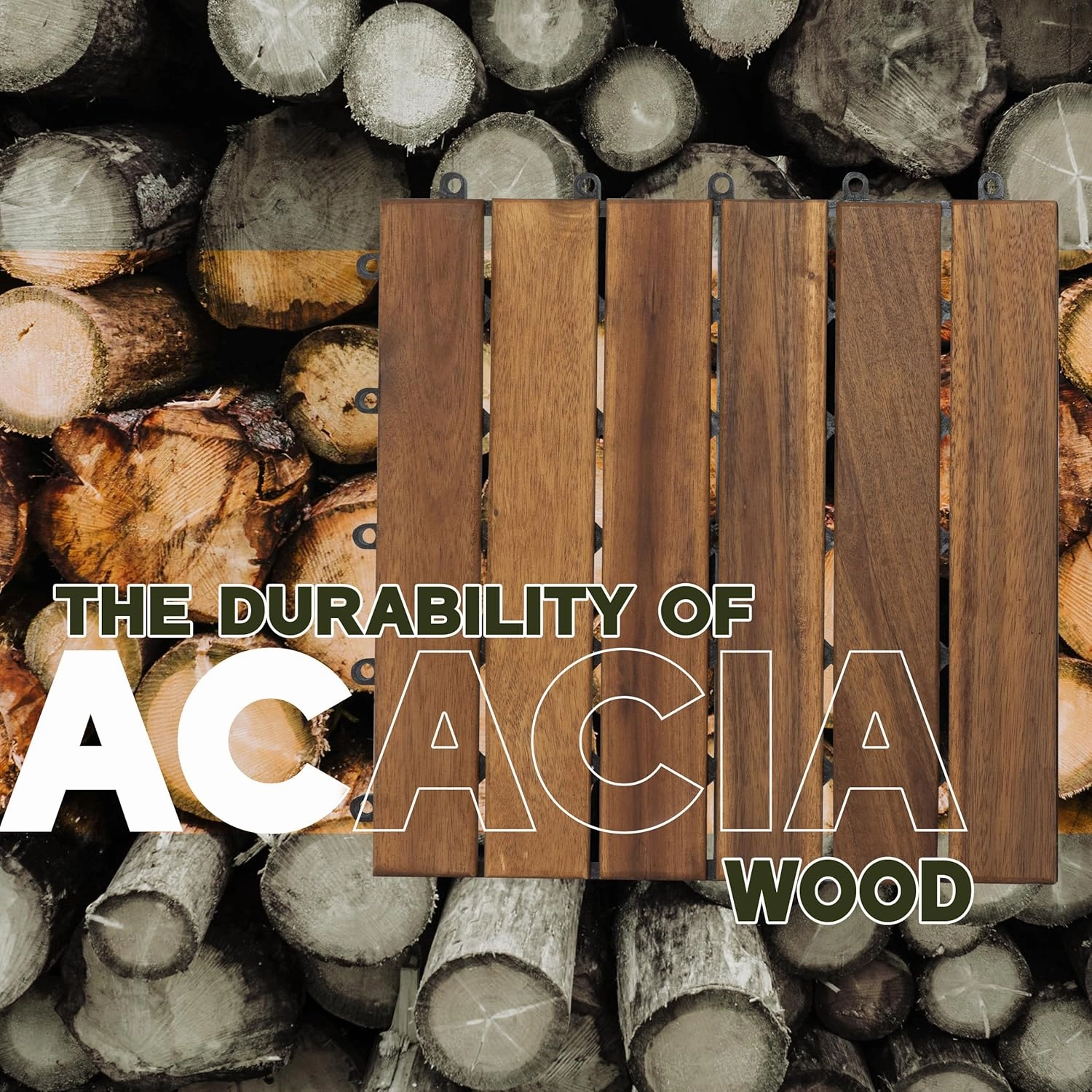 Acacia Wood Patio Deck Tiles - 9 Pcs 6 Slats Interlocking Decking Tiles for Patio Decor, Waterproof Indoor & Outdoor Use, Balcony Garden Decking Tile (12.24*12.24*0.75 inches) Natural