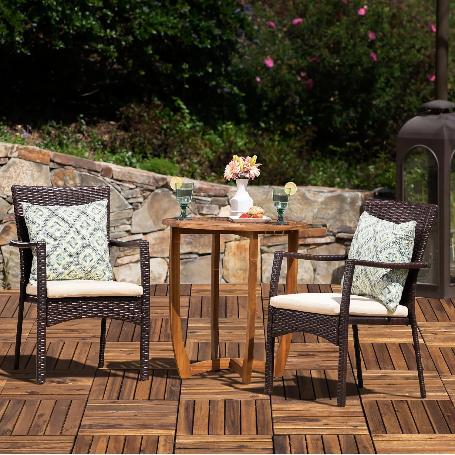 Acacia Wood Patio Deck Tiles - 9 Pcs 6 Slats Interlocking Decking Tiles for Patio Decor, Waterproof Indoor & Outdoor Use, Balcony Garden Decking Tile (12.24*12.24*0.75 inches) Natural