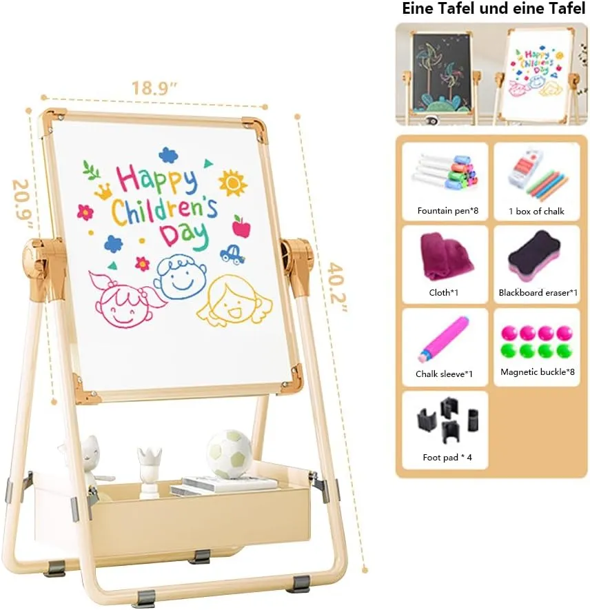 Adjustable Kids Drawing Easel with Magnetic Whiteboard&Chalkboard Double Sided Drawing Board Easy to Clean 360 ° Rotating, Ideal Christmas Gift for Children 36  Months（40.2"X19"）