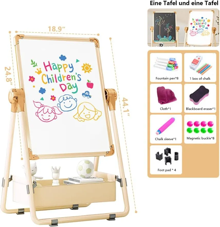 Adjustable Kids Drawing Easel with Magnetic Whiteboard&Chalkboard Double Sided Drawing Board Easy to Clean 360 ° Rotating, Ideal Christmas Gift for Children 36  Months（44.1"*19"）