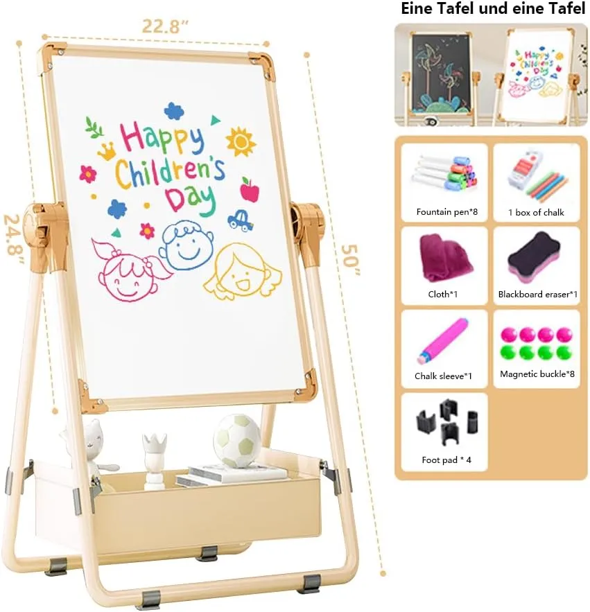 Adjustable Kids Drawing Easel with Magnetic Whiteboard&Chalkboard Double Sided Drawing Board Easy to Clean 360 ° Rotating, Ideal Christmas Gift for Children 36  Months（50"X22.8"）