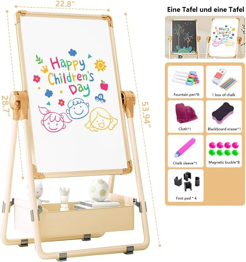 Adjustable Kids Drawing Easel with Magnetic Whiteboard&Chalkboard Double Sided Drawing Board Easy to Clean 360 ° Rotating, Ideal Christmas Gift for Children 36  Months（53.9"X22.8"）