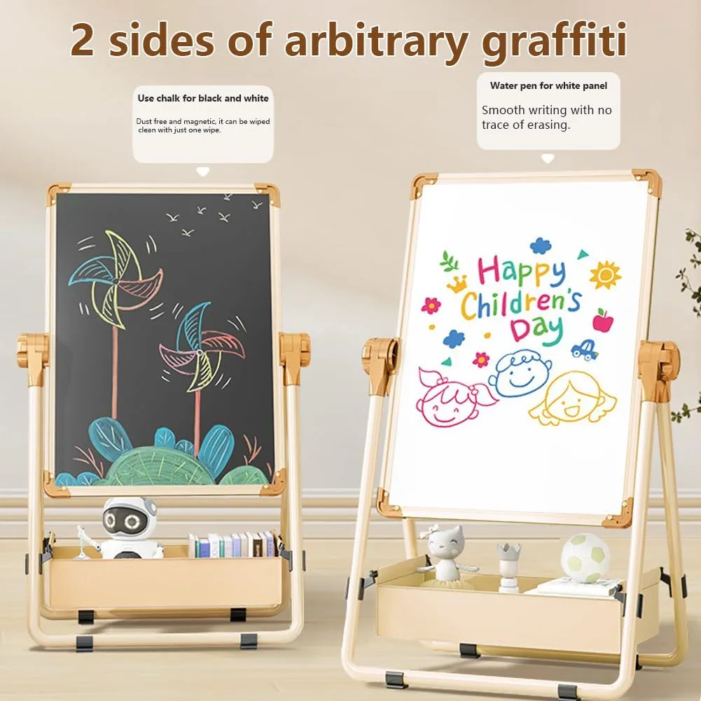 Adjustable Kids Drawing Easel with Magnetic Whiteboard&Chalkboard Double Sided Drawing Board Easy to Clean 360 ° Rotating, Ideal Christmas Gift for Children 36  Months（53.9"X22.8"）
