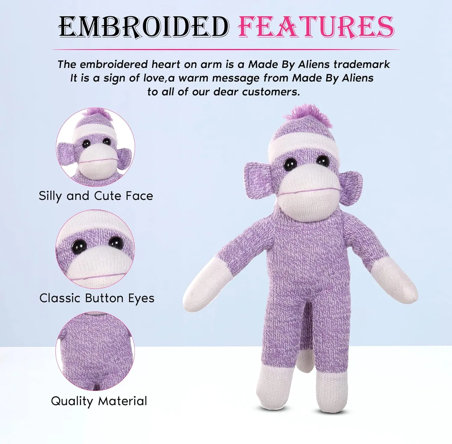 Adorable Sock Monkey, The Original Traditional Hand Knitted Stuffed Animal Toy Gift-for Kids, Babies, Teens, Girls and Boys Baby Doll Present Puppet (16" Purple)
