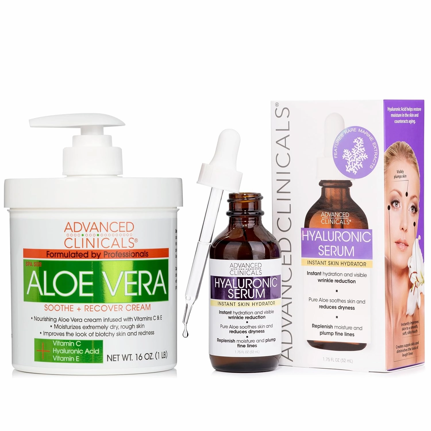 Advanced Clinicals Aloe Vera Skin Repair Cream   Hyaluronic Acid Hydrating Facial Serum Set