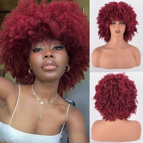 Afro Wigs for Black Women Kinky Curly Hair Wig about 230g/Piece Afro Synthetic Full Wigs Soft and Fluffy Like a Bomb 10 Inches Short Kinky Curly Hair (Burgundy)