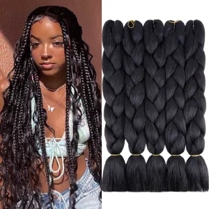 AIDUSA Solid Colors Braiding Hair 5pcs Synthetic Afro Braid Hair Extensions 24 Inch 1 Tone for Women Braids Twist Crochet Braids 100g(#1B Natural Black)