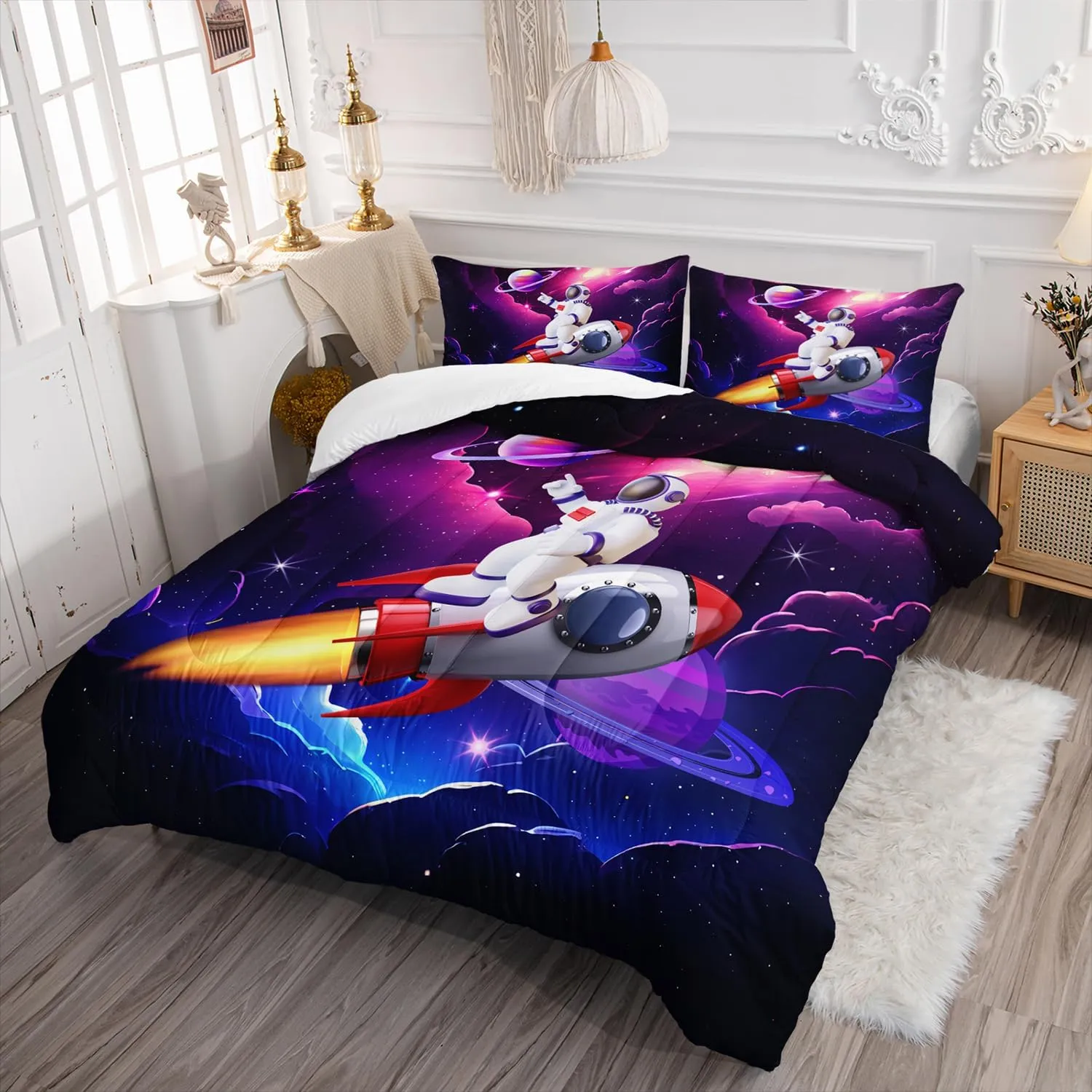AILONEN Astronaut Comforter Set Full Size, Astronaut Space Rocket Bedding Set for Kids Boys Girls,Universe Planet Duvet Set,Outer Space Galaxy Themed Bed in a Bag,3 Pieces,1 Quilt and 2 Pillowcases