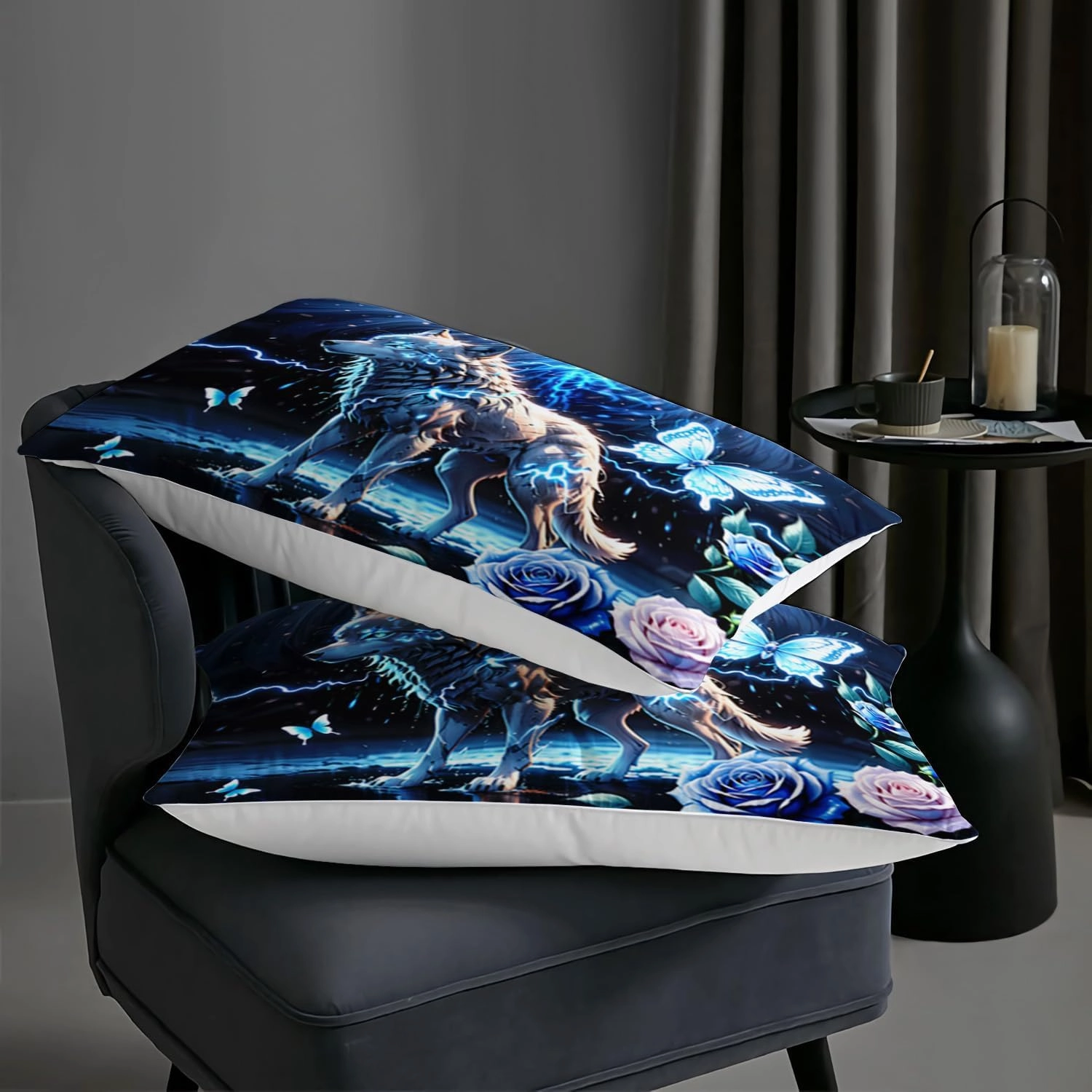 AILONEN Wolf Comforter Set Queen Size, Blue Lightning Butterfly Safari Bedding Set, 3 Pieces Teen Boys Bed in a Bag, Cool Quilt With 2 Pillowcases