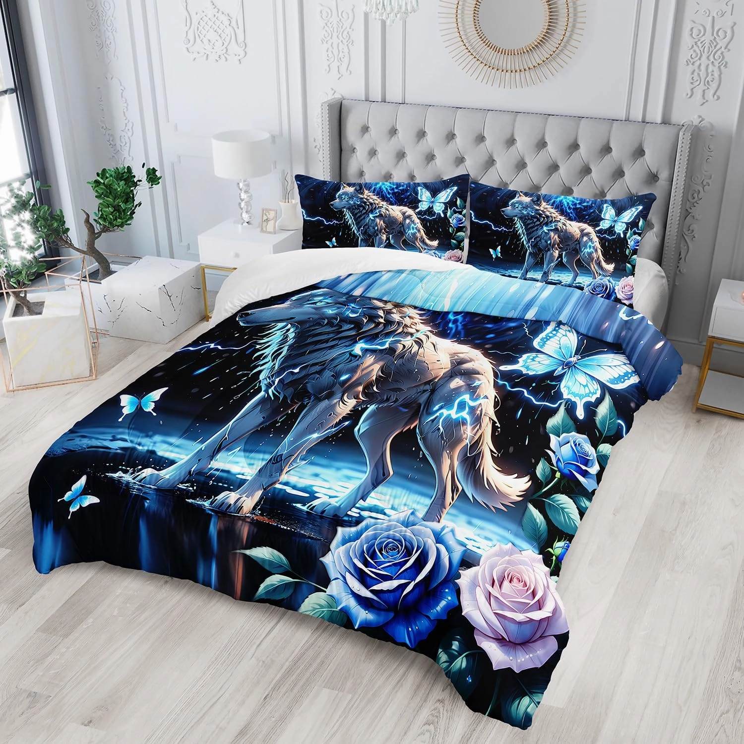 AILONEN Wolf Comforter Set Queen Size, Blue Lightning Butterfly Safari Bedding Set, 3 Pieces Teen Boys Bed in a Bag, Cool Quilt With 2 Pillowcases