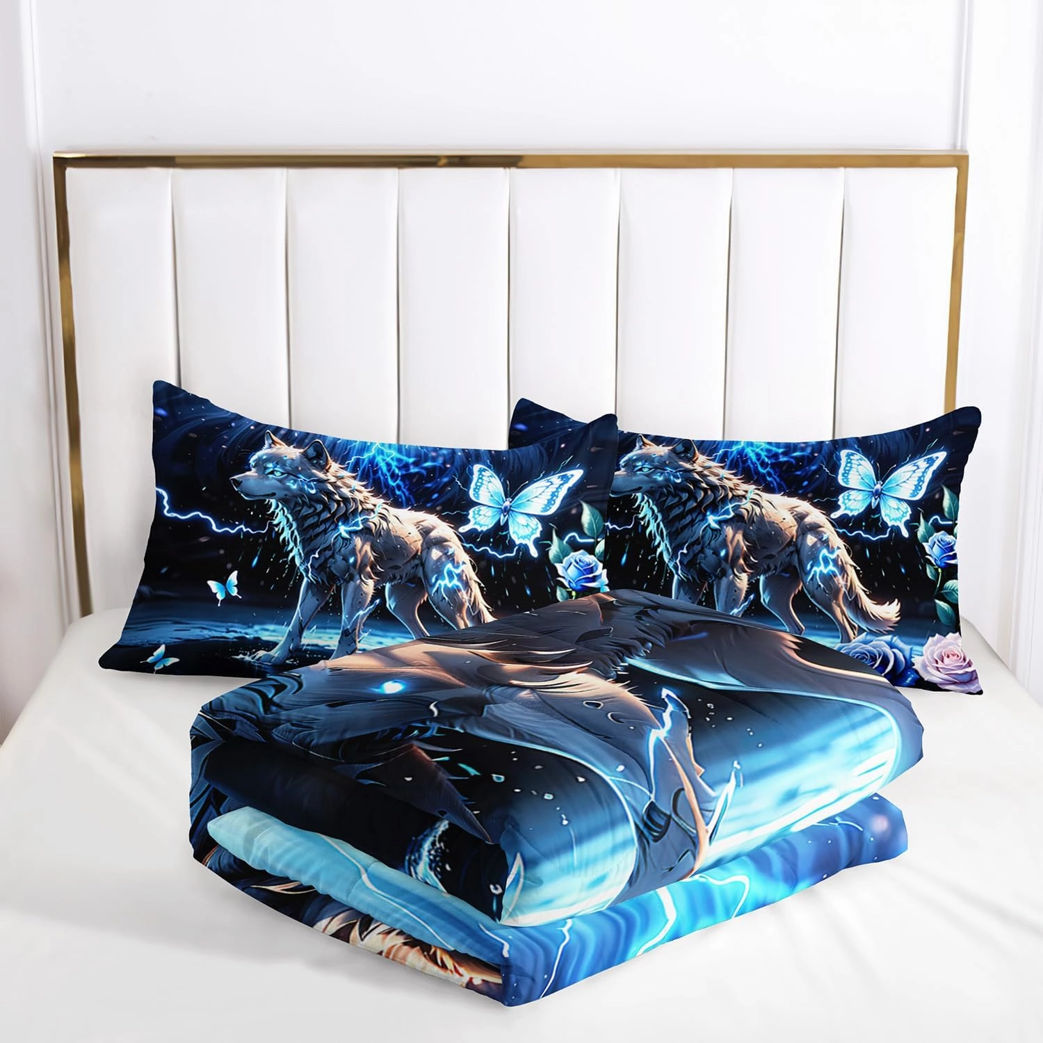 AILONEN Wolf Comforter Set Queen Size, Blue Lightning Butterfly Safari Bedding Set, 3 Pieces Teen Boys Bed in a Bag, Cool Quilt With 2 Pillowcases