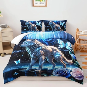 AILONEN Wolf Comforter Set Queen Size, Blue Lightning Butterfly Safari Bedding Set, 3 Pieces Teen Boys Bed in a Bag, Cool Quilt With 2 Pillowcases