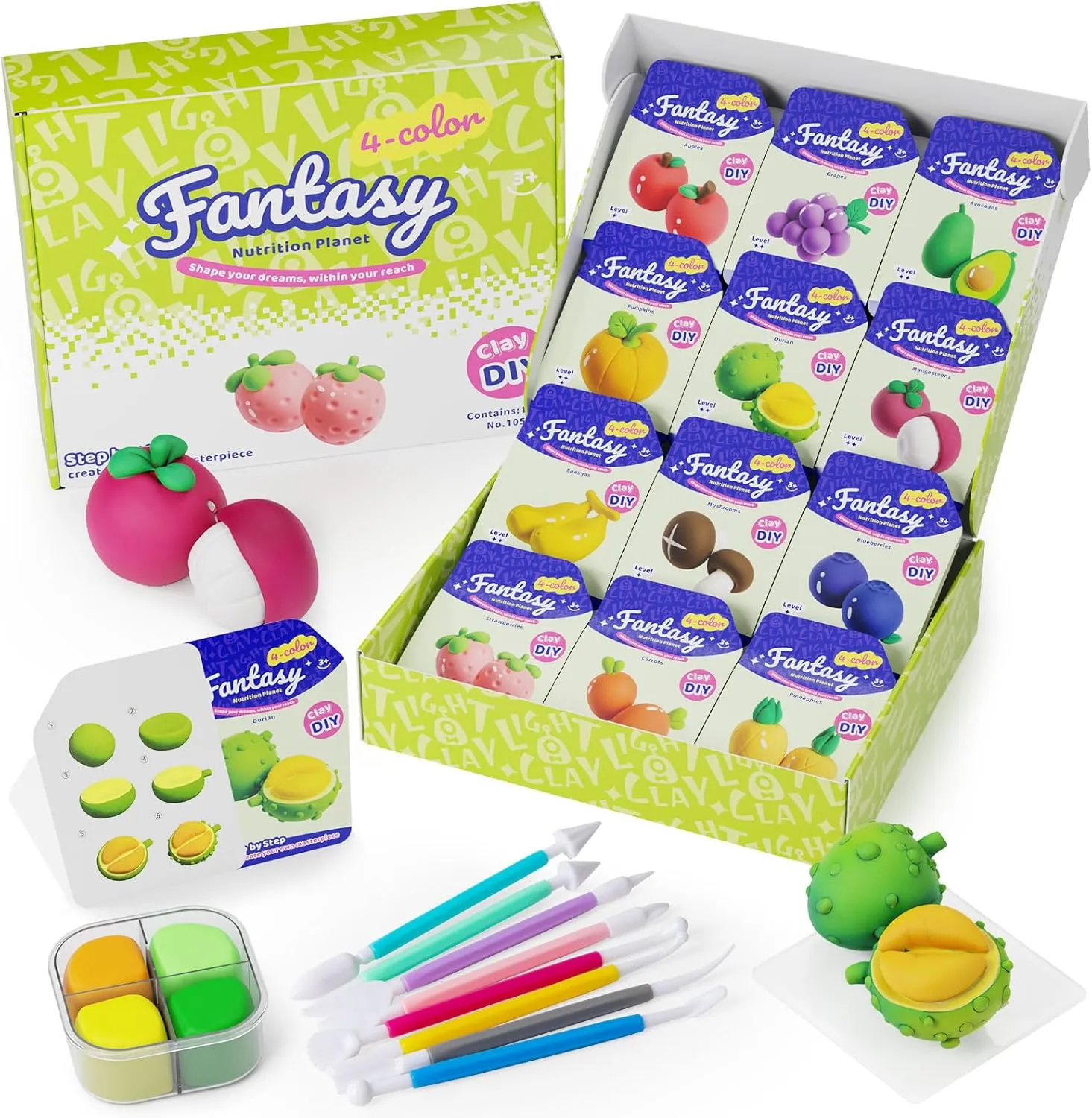 Air Dry Modeling Clay for Kids - Nutrition Planet, 12 Boxes Clay Kit with 9 Tools & Tutorials, Soft DIY Craft Kit for Art Projects, Creative Gift for Boys & Girls Ages 3 