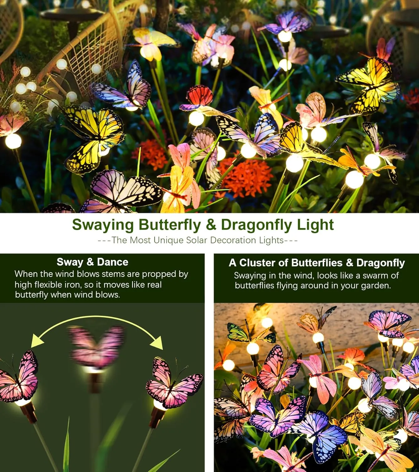 Aiscool Solar Garden Lights, Swaying Dance Butterfly Light Outside, Solar Outdoor Lights,Yard Patio Pathway Lawn Summer Decoration,Realistic Butterflies & Dragonflies(2 Pack)