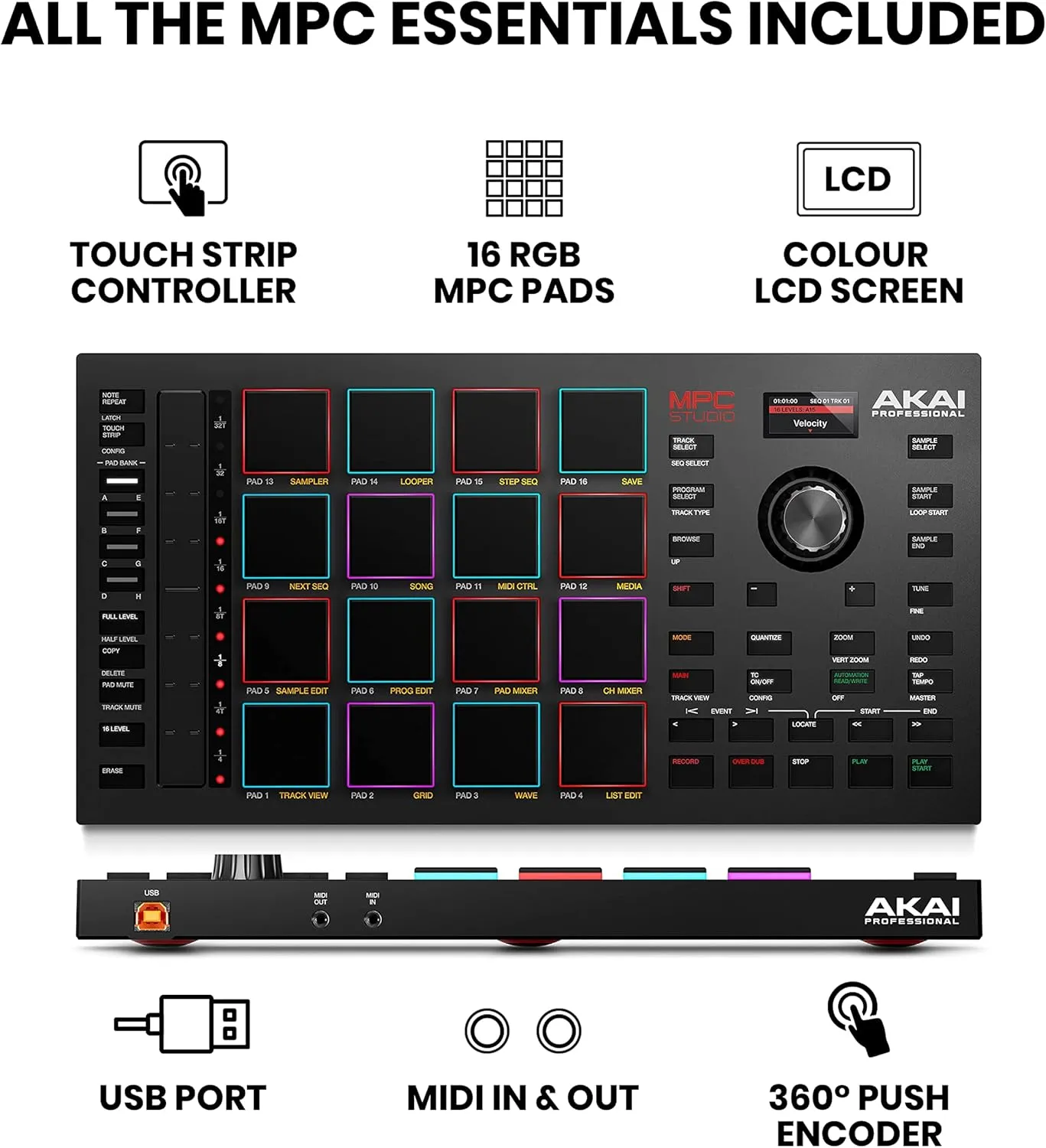 Akai Professional MPC Studio MIDI Controller Beat Maker with 16 Velocity Sensitive RGB Pads, Full MPC 2 Software, assignable Touch Strip & LCD Display