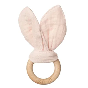 Ali Oli Crinkle Bunny Ears Wooden Teethers for Babies (Pink) - Bunny Ear Teething Ring, Gender Neutral Baby Gift, Newborn Animal Teether Toys