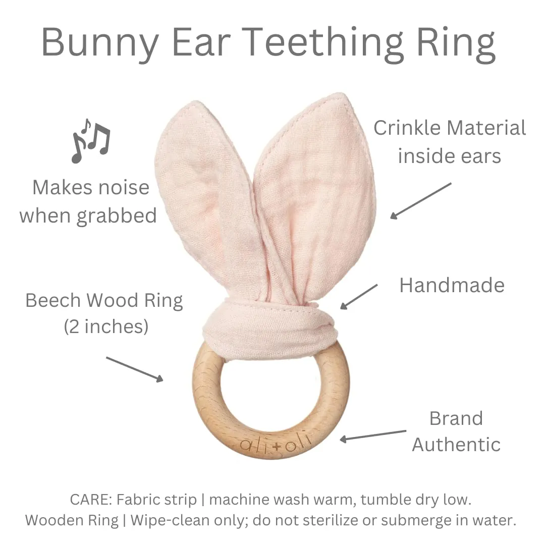 Ali Oli Crinkle Bunny Ears Wooden Teethers for Babies (Pink) - Bunny Ear Teething Ring, Gender Neutral Baby Gift, Newborn Animal Teether Toys