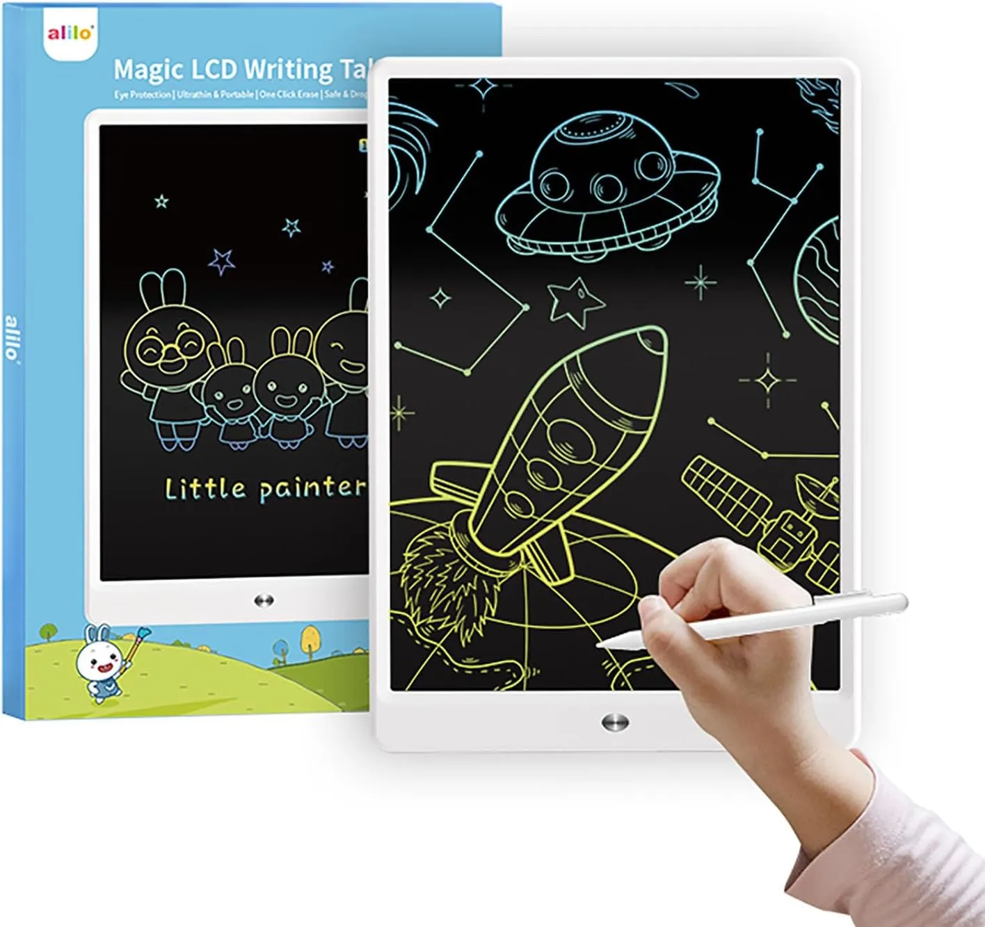alilo Magic Writing Tablet for Kids - Colorful & Fluent LCD Handwriting with Pressure Sensitivity, Eye Protection - Ideal Gift for School Learning, Family Messages, Office Work - 13.5"", White