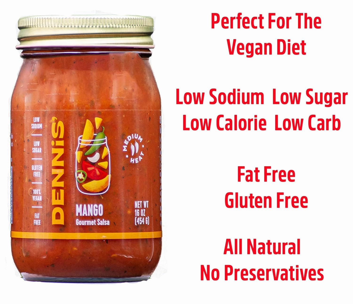 All-Natural Mango Salsa by Dennis’ Gourmet | A Fresh, Hearty Restaurant Salsa that is Low Sugar, Low Cal, Low Carb, Low Sodium, and Gluten Free! Includes (2) Large 16 oz Jars